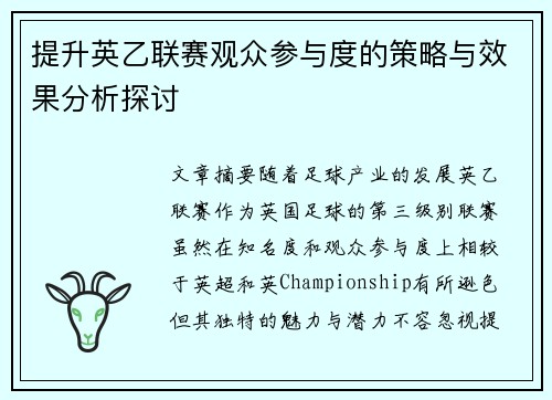 提升英乙联赛观众参与度的策略与效果分析探讨