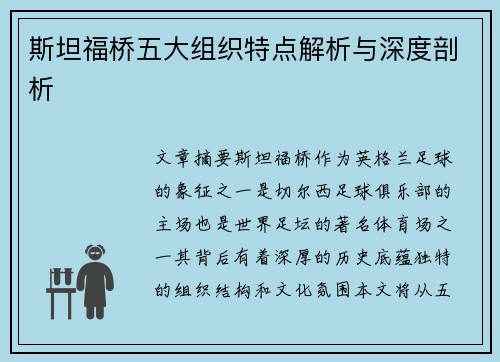 斯坦福桥五大组织特点解析与深度剖析